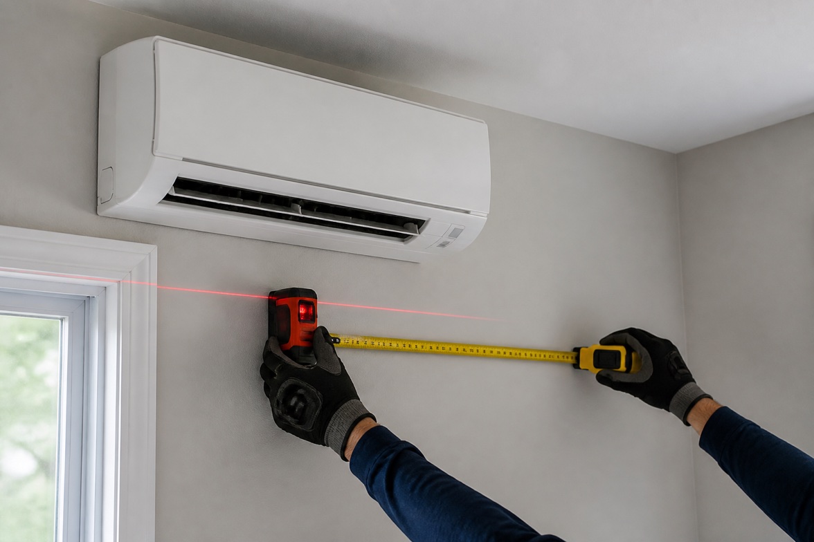 Gloved hands using a laser level and measuring tape beneath a wall-mounted ductless mini-split unit.