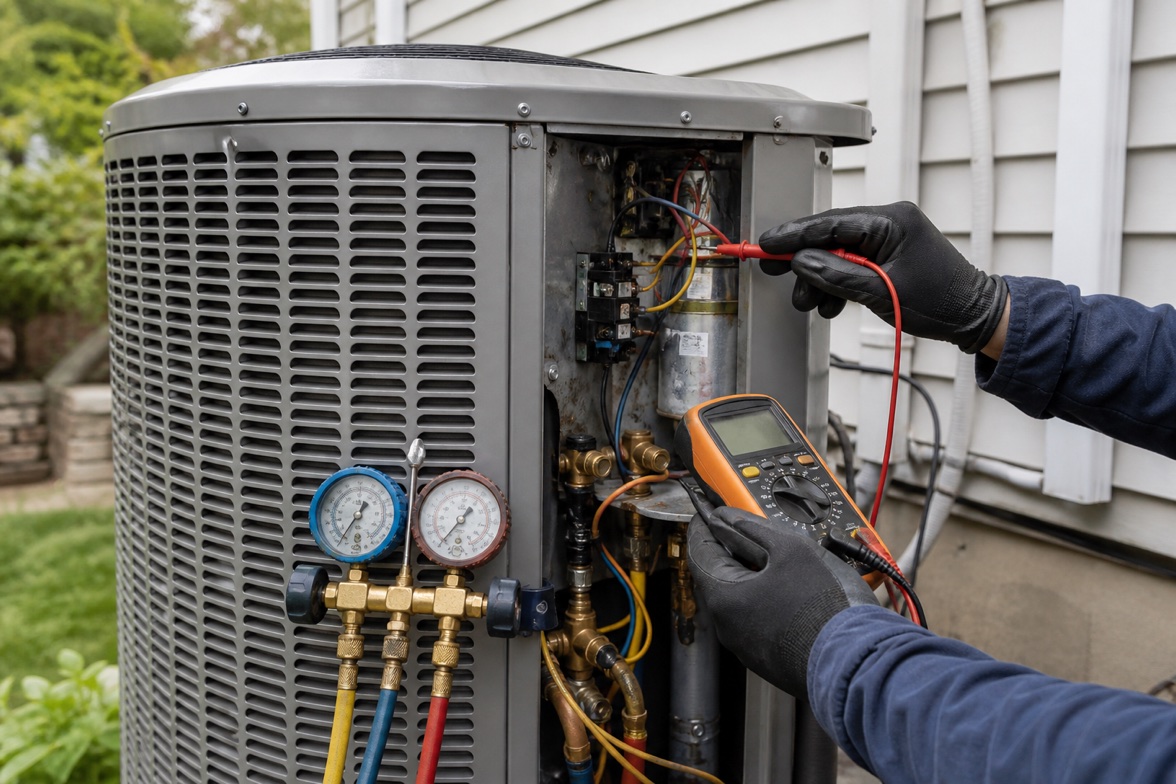 Gloved hands testing an outdoor residential HVAC condenser with a multimeter and service gauges.